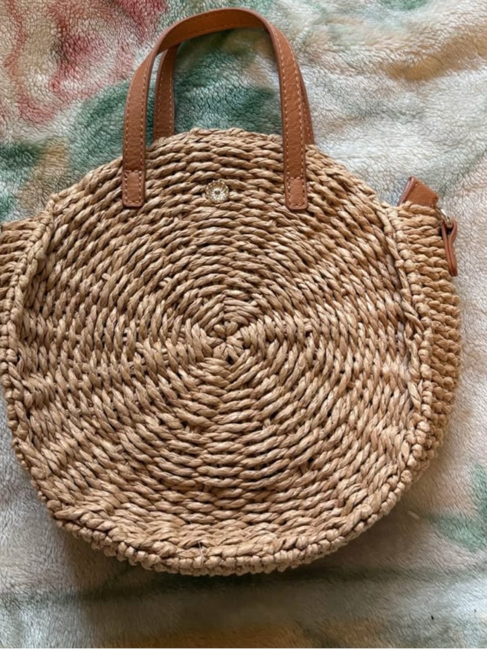 LC Lauren Conrad Round Woven Crossbody Bag in Natural with Tan Handles